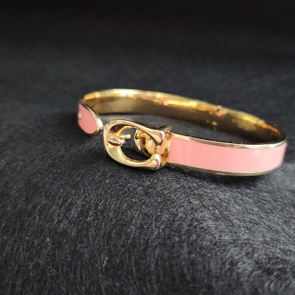 COACH pink enamel and gold Iconic Sig C buckle bangle bracelet adjustable hinged - Picture 6 of 7